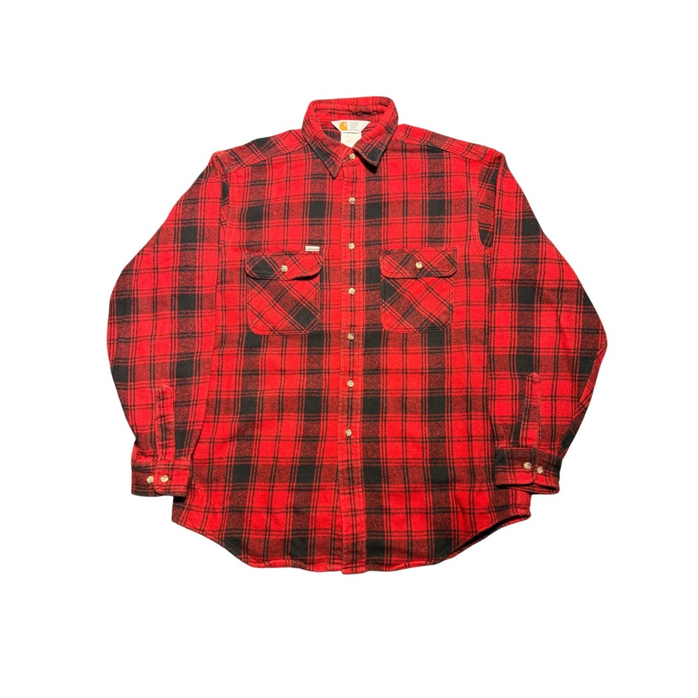 Vintage Carhartt Red Black Plaid Heavy Flannel Button Down Work Shirt L